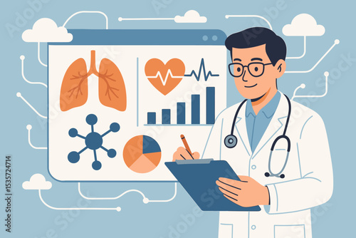 Medical data analysis by a doctor using a digital health dashboard. Concept for telemedicine, EHR, and healthcare technology with charts, lungs, heart rate, and patient records.
