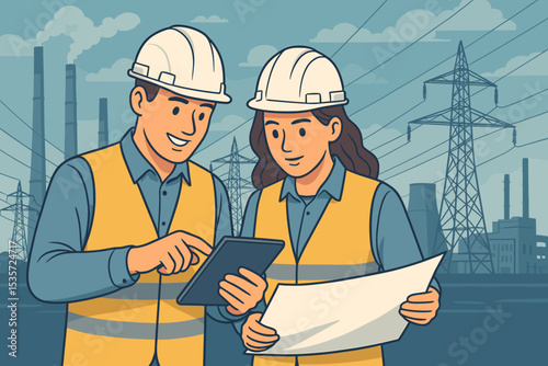 Engineers team at power plant. Man and woman in hard hats with tablet and blueprint. Industrial workers discussing project. Vector concept of energy production, electricity, and safety.