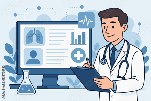Doctor analyzing patient medical data on computer screen. Concept for healthcare, electronic health record, pulmonology diagnosis, clinical research. Medicine and technology vector.