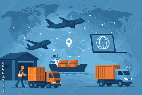 Smart global logistics and supply chain management. Worldwide shipping network with airplane, ship, truck. Freight transportation, cargo delivery, import, export, online tracking.