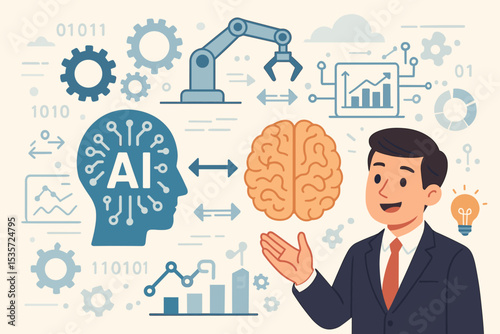 AI and human brain synergy concept. Artificial intelligence vs human mind interaction. Businessman presenting innovative technology, automation, machine learning and data analysis.