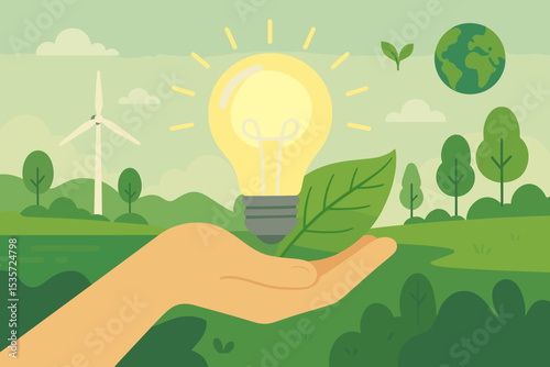 Eco friendly innovation concept with hand holding lightbulb. Green energy, renewable power, and sustainability. Environmental conservation with wind turbine, leaf, and earth. Vector.