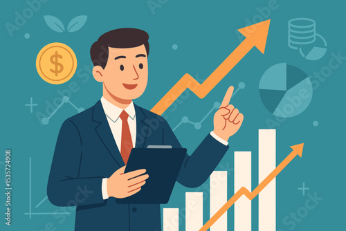 Businessman analyzing financial growth. Corporate success concept with charts and graphs. Investment and economy report presentation. Stock market profit and business strategy.