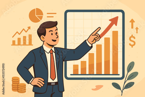 Financial growth analysis concept. Businessman pointing at growing bar chart on a board. Manager presenting profit data, investment success, market strategy, and economic report.