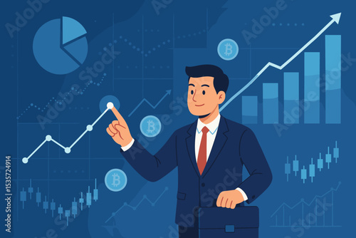 Businessman investor pointing at a growing graph. Digital finance, stock market analysis, and cryptocurrency trading concept. Bitcoin investment profit and economic success vector.