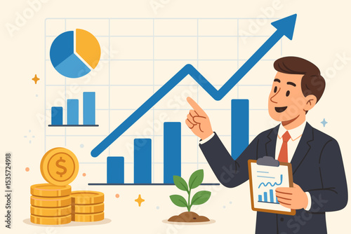 Businessman presents financial growth report with chart and graph. Concept of investment strategy, stock market success, and profit increase. Data analysis for economic growth and revenue.