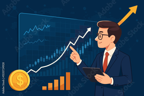 Businessman analyzing financial data growth chart on a digital screen. Concept of stock market trading, investment strategy, economic success, profit analysis, and bull market.