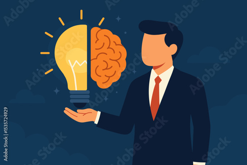Concept of creative ideas and intelligence. Businessman holding a half lightbulb half brain icon. Symbol of innovation, strategy, knowledge, inspiration, and business solutions.
