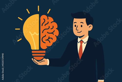 Businessman holding lightbulb brain combo. Concept of creative idea, innovation, business solution. Metaphor for intelligence, strategy, inspiration and problem solving. Growth.