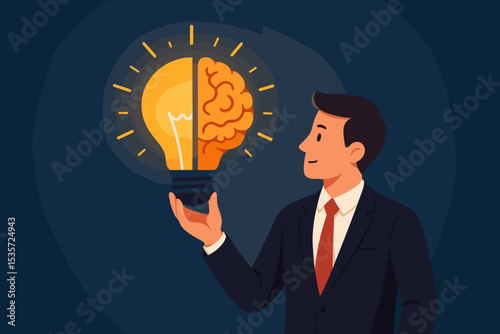 Creative idea concept with businessman holding a glowing light bulb combined with a human brain. Symbol of innovation, intelligence, business solution, mindset and new knowledge.