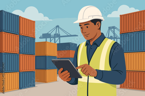 Logistics manager at a port using a tablet for inventory control. Foreman checking shipping containers. Concept for supply chain management, freight transport, and global trade.