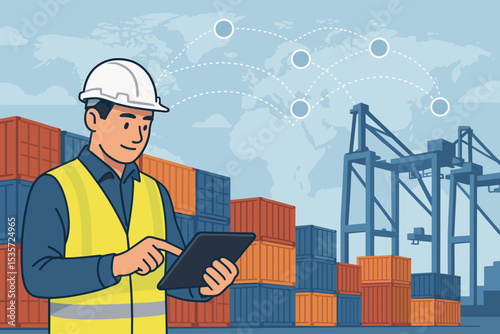 Logistics worker with tablet managing global supply chain at a shipping port. Warehouse inventory control concept with cargo containers. Global trade, freight, and distribution.