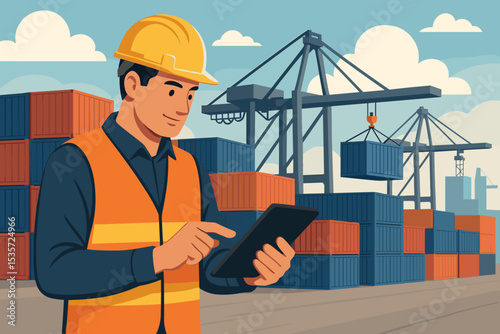 Logistics manager using tablet at shipping port. Foreman inspecting cargo freight with cranes and containers in background. Supply chain and global trade industry concept vector.