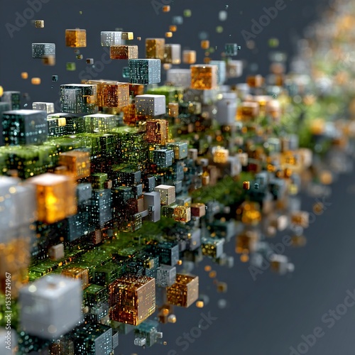 Pixel Dataflow Ribbon × Terracotta Binary Blocks: Floating in Silica Gray Digital Space with Modular Vector Grid, Pure 2D Quantum Construction