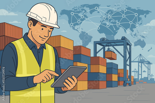 Global logistics and supply chain management. Worker with tablet tracking cargo at a container port. International freight shipping and distribution network vector illustration.