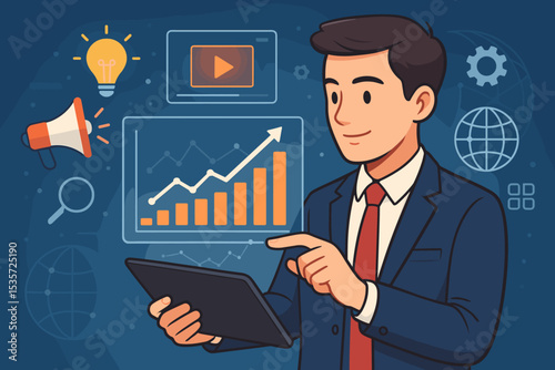 Digital marketing strategy concept. Businessman with tablet analyzing data for business growth. SEO, content marketing, and advertising campaign. Analytics dashboard illustration.