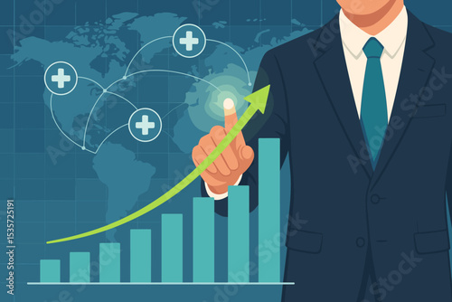 Global medical healthcare industry growth concept. Businessman pointing at financial chart with arrow up. Investment success strategy with world map and network connection.