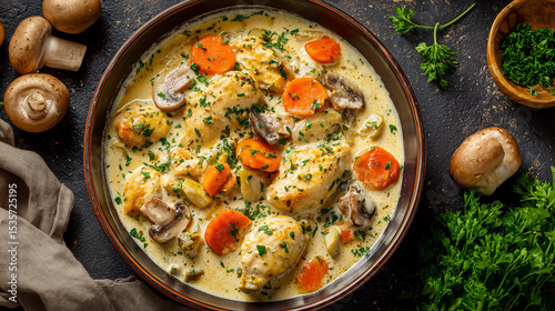 Flat lay of creamy chicken fricassee with carrots and mushrooms, served in a shallow bowl with parsley sprinkled on top