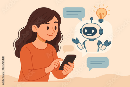 Woman Using Smartphone Chatting with Friendly AI Robot Assistant. Artificial Intelligence Conversation, Messaging App Interface, Digital Communication, Innovation, Idea, Technology Concept