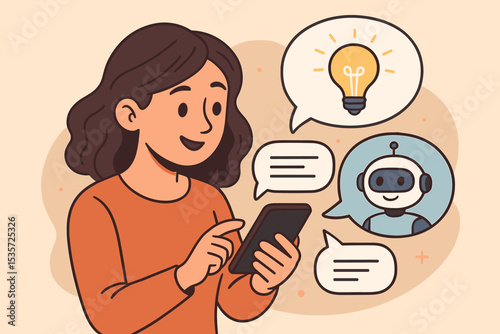 Woman using smartphone chatting with AI virtual assistant bot, technology communication, creative idea, artificial intelligence, speech bubbles, innovation concept, cartoon vector illustration