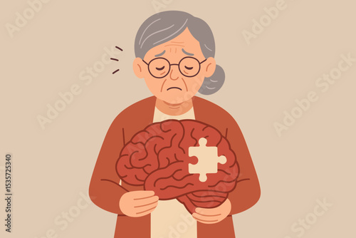 Elderly woman holding brain with puzzle piece missing. Alzheimer’s disease concept, dementia memory loss, cognitive impairment, aging mental health, neurodegenerative disorder awareness illustration