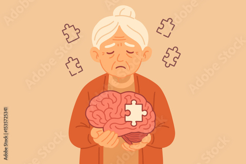 Elderly woman memory loss concept illustration. Senior holding brain with missing puzzle piece. Alzheimer’s disease, dementia, cognitive decline, mental health awareness, aging brain metaphor
