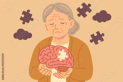 Senior woman holding brain with missing puzzle piece. Memory loss, dementia, Alzheimer's disease awareness. Elderly mental health. Cognitive impairment concept. Aging brain, forgetfulness, confusion