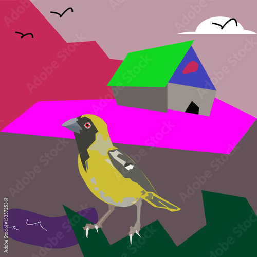 Surrealism, big yellow bird against acid sky, destroyed house. Postapocalyptic picture for a postcard. Vector illustration, children's drawing
