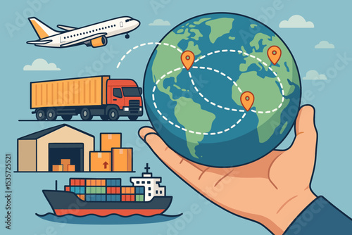 Global Logistics Network Concept. International Freight Shipping, Cargo Transport by Airplane, Truck, Container Ship, Warehouse Storage, Supply Chain Management, Worldwide Delivery, Distribution