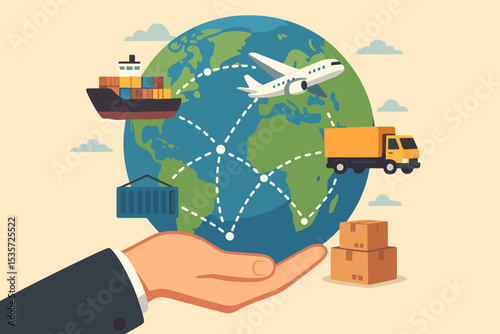 Global logistics network concept. Supply chain management, worldwide shipping, air freight, cargo ship, delivery truck, containers, cardboard boxes, transportation routes, international trade
