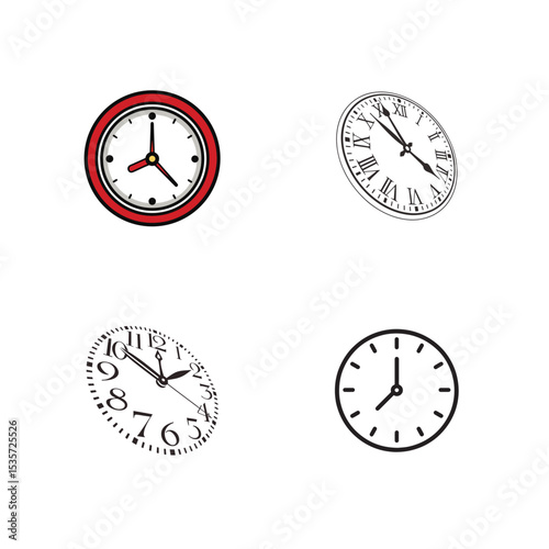 Set of Analog Wall Clocks with Various Designs and Time Formats