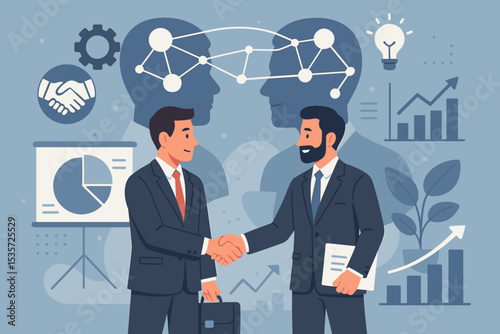 Business Partnership Agreement Collaboration Concept. Two Businessmen Shaking Hands, Data Analytics, Teamwork, Growth Statistics, Networking, Innovation, Professional Success, Deal, Corporate Strategy