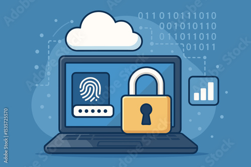 Cybersecurity data protection concept. Laptop with padlock, fingerprint authentication, password login, secure cloud storage, binary code, secure access, internet safety, network encryption