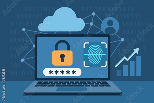 Cybersecurity concept laptop authentication. Secure cloud data network. Password protection, biometric fingerprint scan, digital identity, padlock icon. Internet privacy, data safety technology.