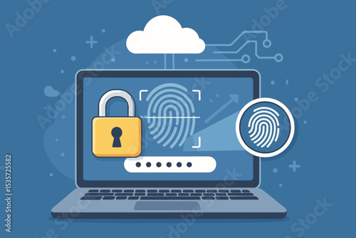 Cybersecurity laptop illustration with fingerprint biometrics, password authentication, cloud data protection, secure login interface, padlock icon, digital privacy, identity access control