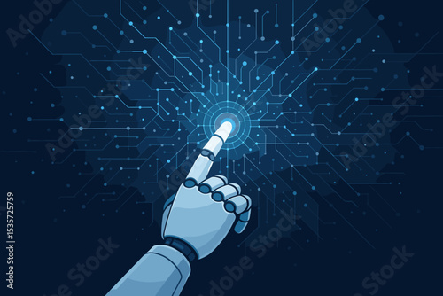 Robotic Hand Touches Digital Network Interface. Artificial Intelligence Access. Future Technology Concept. Cybernetic Finger Activating Virtual Data Circuit Board. Innovation, Automation, Connectivity