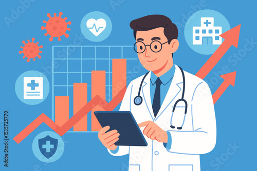 Healthcare analytics growth concept. Doctor with stethoscope using digital tablet. Medical data analysis, hospital statistics, upward graph, health trends, COVID-19, professional medicine illustration
