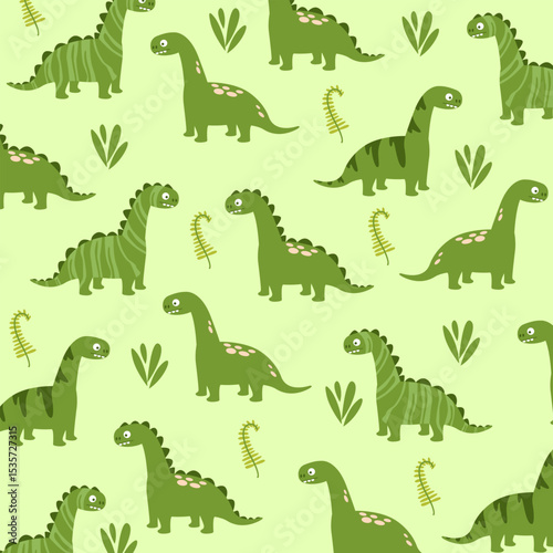 green illustration of Brontosaurus seamless cute design for kids apparel