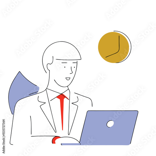 Line art style illustration shows a man working on laptop with a clock
