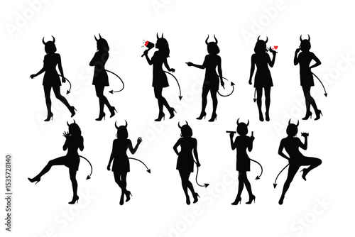 Sexy Devil Girl Silhouette Collection – Vector Icons with Horns, Tails, and Playful Poses

