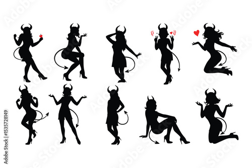 Sexy Devil Girl Silhouette Collection – Vector Icons with Horns, Tails, and Playful Poses

