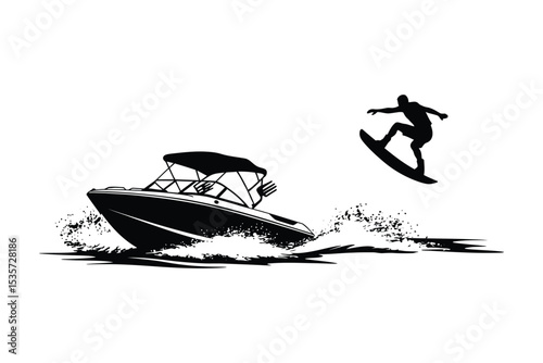 Wakeboarding Behind Speedboat Silhouette – Water Sports Action Scene Vector Illustration

