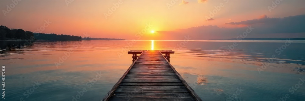 Obraz premium Tranquil scene of a wooden dock extending into calm waters, meeting a serene shoreline at sunset The peaceful atmosphere is perfect for relaxation and reflection , environment, clouds