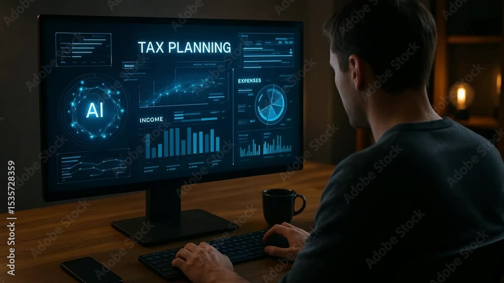 A man uses an AI-powered dashboard to manage tax planning, income tracking, and expenses in a smart digital workspace designed for financial clarity and control.