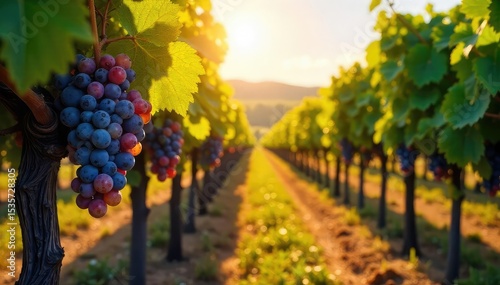 Wallpaper Mural Sun-drenched rows of ripe grapes hanging heavy on the vine, ready for harvest in a picturesque vineyard Golden sunlight bathes the lush landscape , countryside view, vineyard landscape Torontodigital.ca