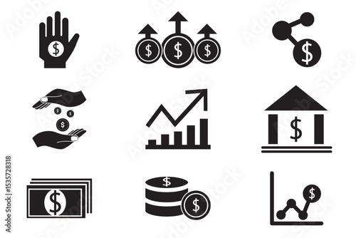 Money, budget, savings, loan, cash, earning, income, wallet, currency, dollar, card, coin, revenue, piggy bank, and profit icon set. Finance business icon collection.