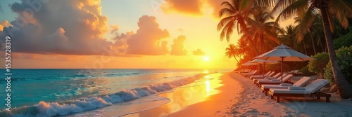 Wallpaper Mural Tranquil sunrise over a luxurious beachfront resort, palm trees swaying gently in the breeze, reflecting the golden light Perfect for travel and vacation brochures , morning, sunlight Torontodigital.ca