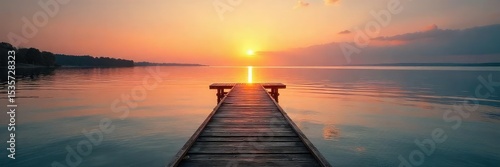 Wallpaper Mural Tranquil scene of a wooden dock extending into calm waters, meeting a serene shoreline at sunset The peaceful atmosphere is perfect for relaxation and reflection , environment, clouds Torontodigital.ca