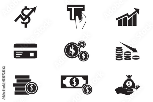 Money, budget, savings, loan, cash, earning, income, wallet, currency, dollar, card, coin, revenue, piggy bank, and profit icon set. Finance business icon collection.
