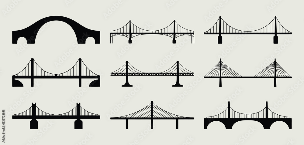 Twelve Different Types of Bridges Vector Illustrations